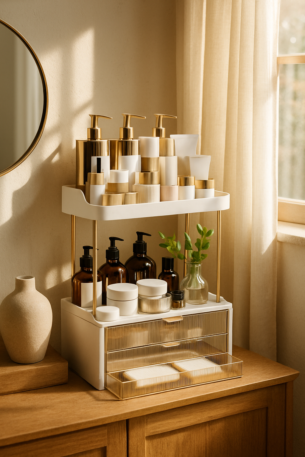 Organizador de maquillaje grande con 2 niveles y 3 cajones