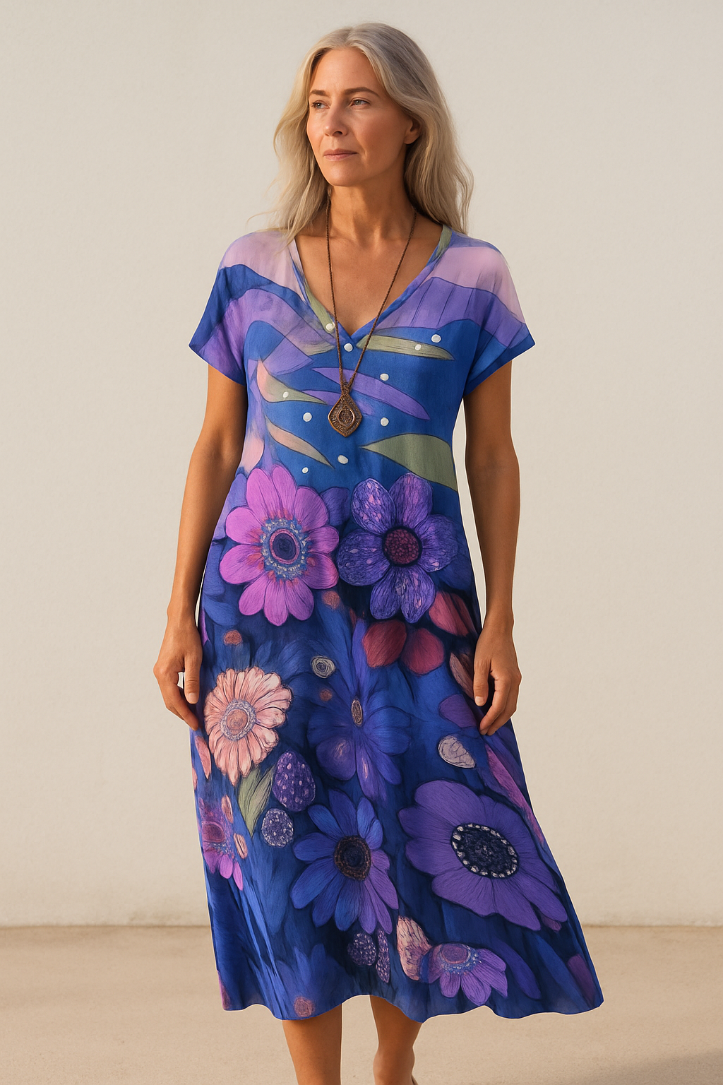 Women's Summer Casual Long V-Neck Short Sleeve Pockets Beach Dresses Loose Breathable Linen Boho Chic for Vacation and Daily Plus Size Elegant