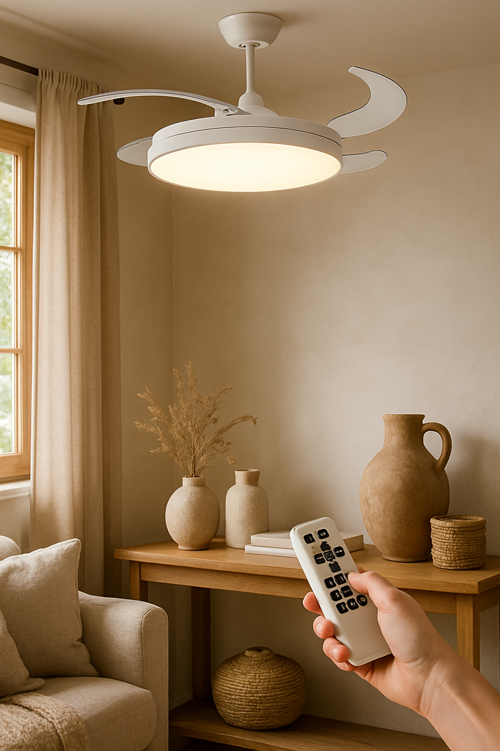 Ventilador de techo blanco con LED y 4 aspas retráctiles, control app y temporizador
